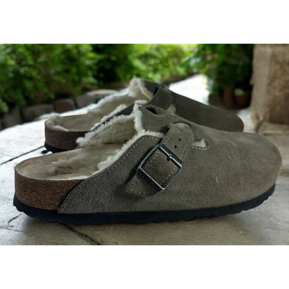 Birkenstock Boston Shearling Suede Clog Slip On Sandals Gray 38 Unisex L7 M5 - Picture 16 of 16